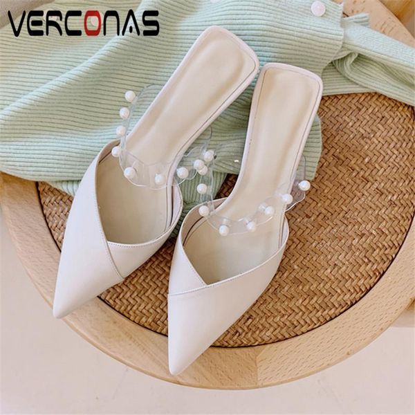 

dress shoes verconas 2021 sweet woman sandals pumps classic design genuine leather pearl decoration square toe round heels, Black