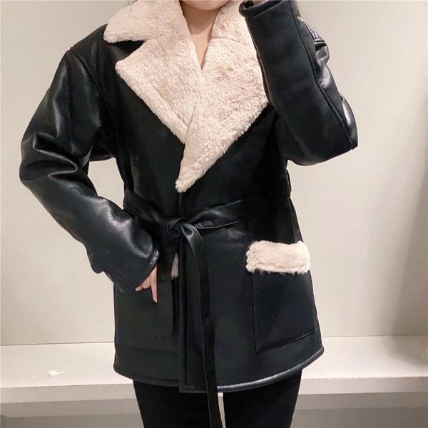 

women winter fashion coat thick faux leather 2021 new leather coat women bomber jacket thick warmth fur lining jacket, Black