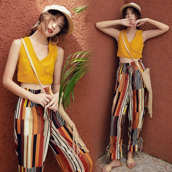 

jaoko beach vacation beach striped pants vest chiffon wide leg pants two-piece set 2019 new women's suit fashion suitwide leg set suits, Gray