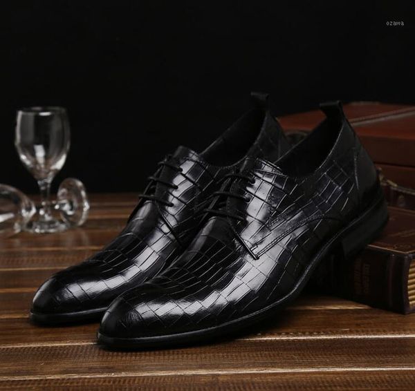 

dress shoes british style men smart casual genuine leather derby lace up man stone pattern flats footwear driving drop ship1, Black