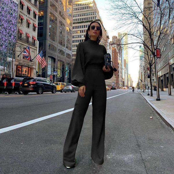 

solid color high collar open back long sleeve casual one piece pants, Black;gray