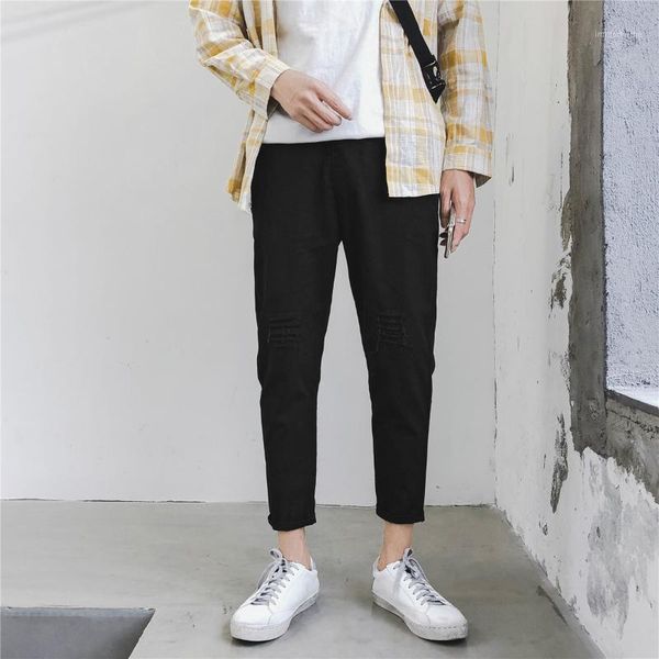 

japanese slim hole casual pants men's korean style all-match leggings autumn thin fashion straight ankle-length pants1, White;black