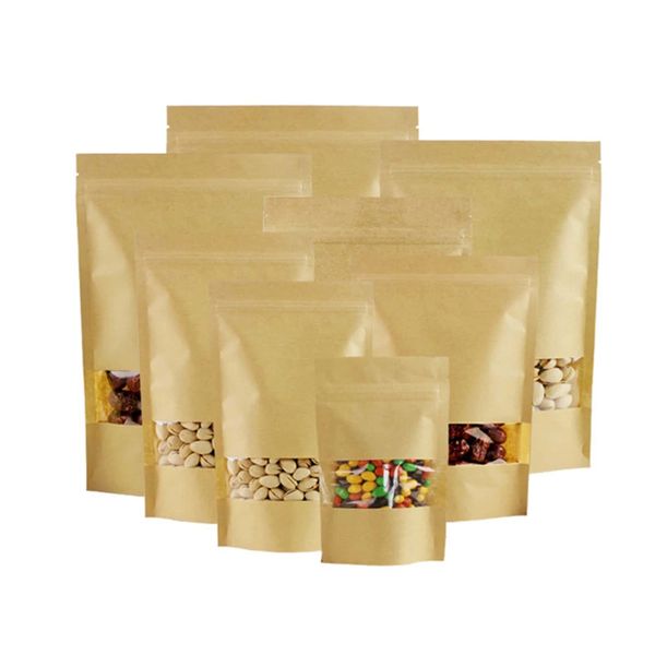 Sacchetti di carta Kraft da 9 * 17 cm con finestra trasparente Sigillatura a caldo Sacchetto di imballaggio con chiusura a zip Stand Up Buste per alimenti Noci Grani Imballaggio del tè