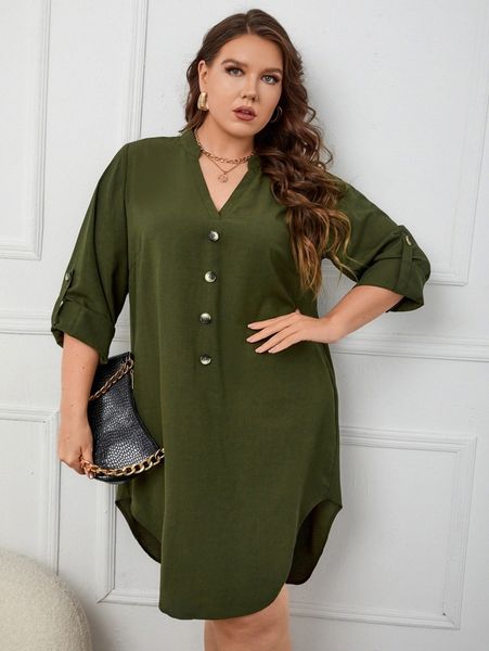 

plus notch neck fake buttons front roll up sleeve dress e2ay#, Black