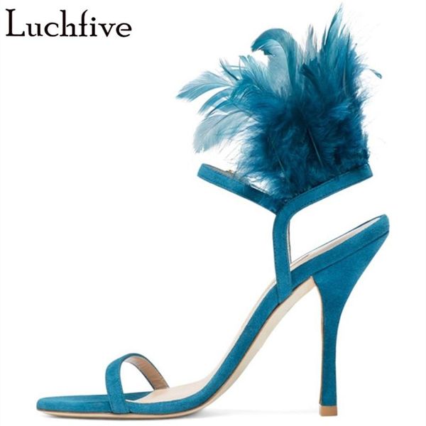 

feather women sandals high heels party shoes woman open toe suede ladies shoes buckles blue zapatos de mujer, Black