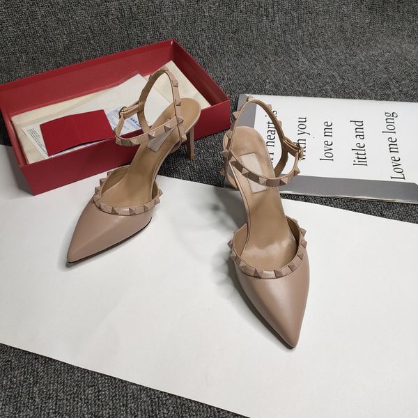 

peep toe rivet net red sandals women's new summer 2020 rockstud slim heel lady's straight buckle leather high heels, Black