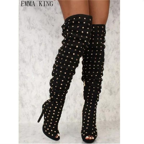 

2020 new rivets studded women's thigh high boots peep toe ladies high heels shoes fashion female over the knee long botas, Black