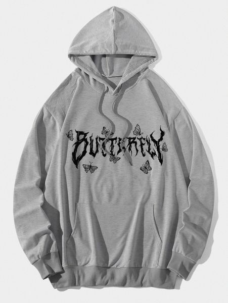 

men butterfly and letter graphic hoodie 55gi#, Black