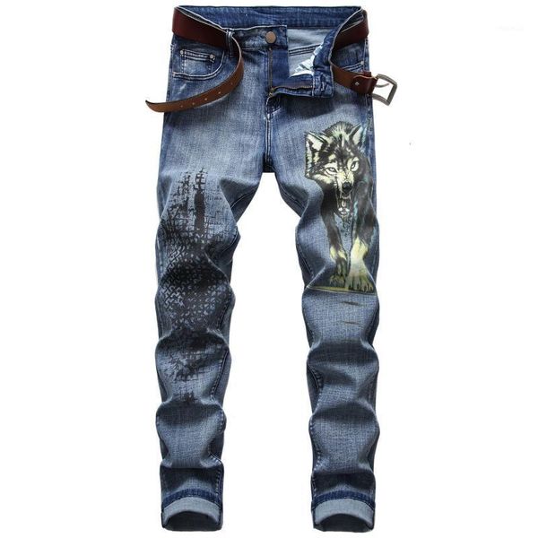 

high end cool men's stretch cotton jeans wolf head print patterned slim denim jeans fashion straight cowboys trousers hombre1, Blue