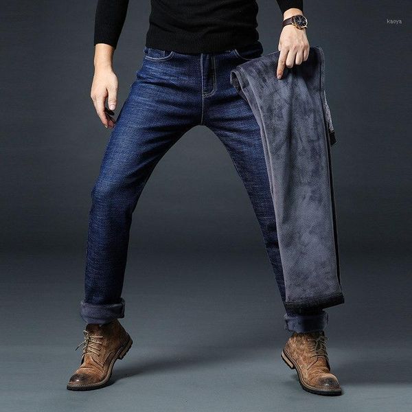 

2018 mens winter stretch thicken jeans warm fleece denim biker jean pants trousers size 28-42, Blue
