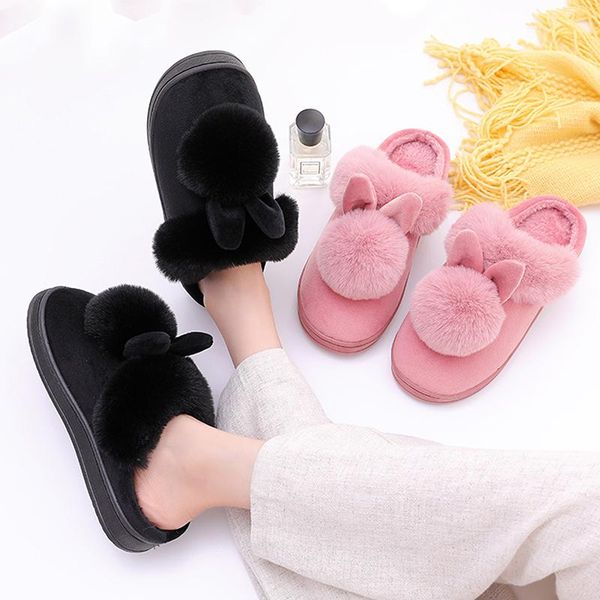 

cartoon women home slippers ears slip on soft soled winter warm house shoes women indoor outdoor fur slippers footwear, Black