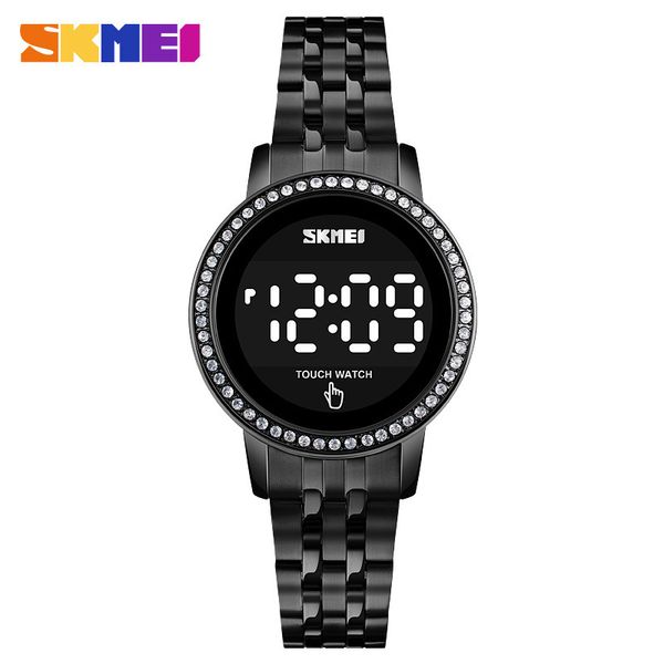 

skmei watches 1669 touch screen led digital watch for women stainless steel ladies wristwatches diamond quartz wristwatch rose gold luminous, Slivery;brown