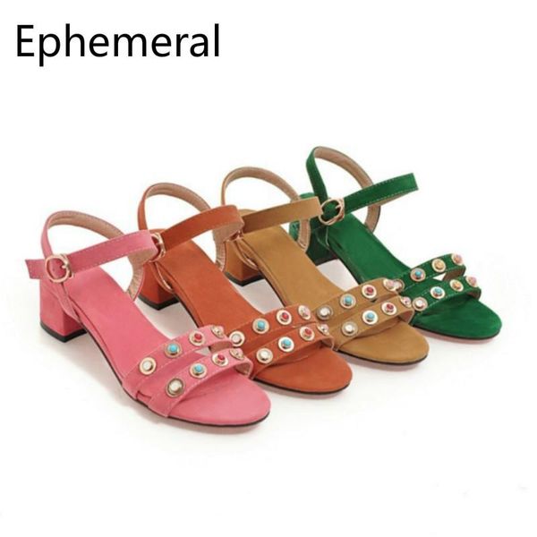 

female med heel sandalias open toe buckle strap shoes with rivets flock pumps high heel summer dress footwear for wide feet 43, Black