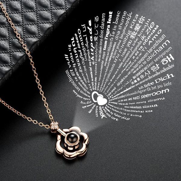 

i lover you 100 language projection necklace for women rose gold flower pendent necklaces fashion crystal chain necklace jewelry, Silver