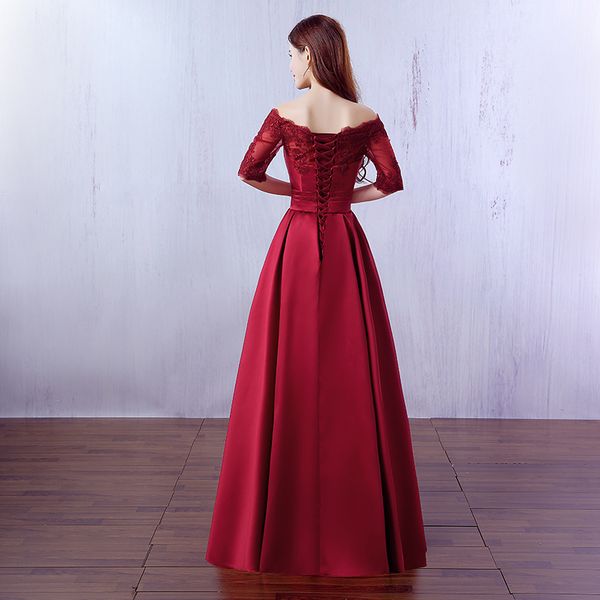 

robe de soiree wine red lace embroidery luxury satin half sleeved long evening dress elegant banquet prom dress, Black;red