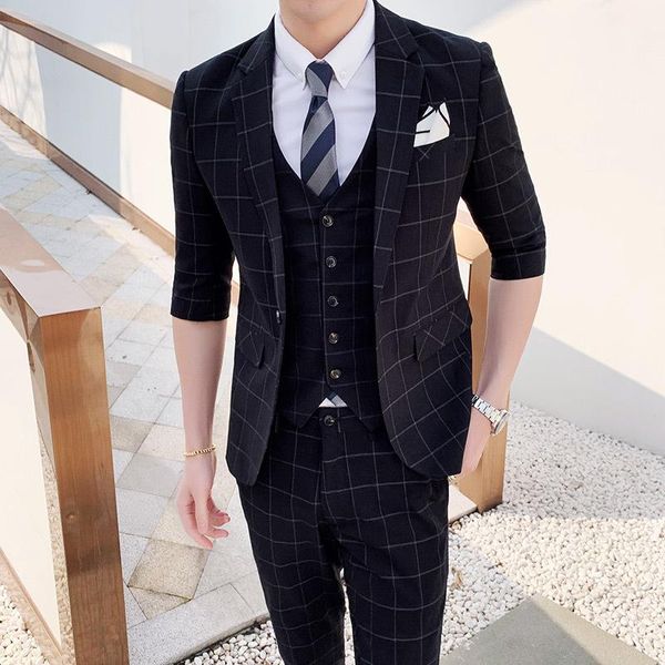 

men's suits & blazers men plaid seven-point sleeve suit set three-piece male one button business casual dress terno slim masculino, White;black