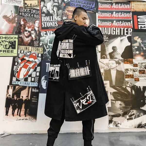 

male women hip hop casual long trench jacket outerwear windbreaker men high streetwear pin patch loose trenchcoat1, Tan;black