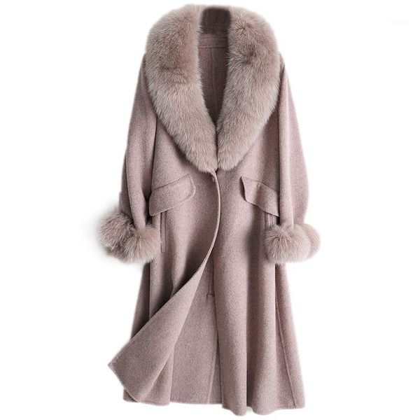

fur collar 5% cashmere 95% wool jacket autumn winter coat women clothes 2020 korean vintage woolen coat long zt48961, Black