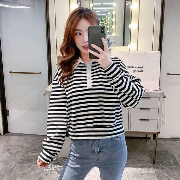

button new women's polo stripe collar three sweater in autumn and winter, Black
