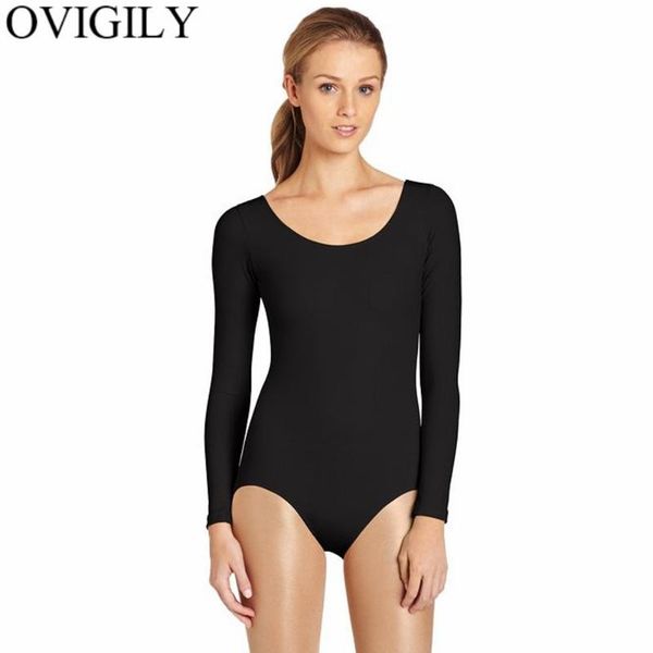 

ovigily women's scoop neck long sleeve leotard ladies spandex exercise dancing gymnastics ballet bodysuits girls short unitards, Black;red