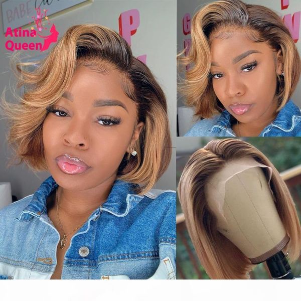 

preplucked lace closure wig 4x4 short bob pixie cut honey blonde ombre human hair wig bleached knots 13x4 lace frontal wigs remy, Black;brown
