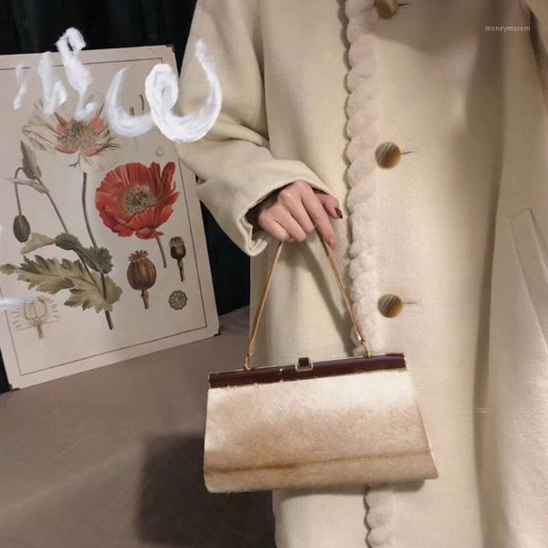 

women's wool & blends 2021 winter white fur woolen coat women stitching collar female retro elegant overcoat office lady fashion1, Black