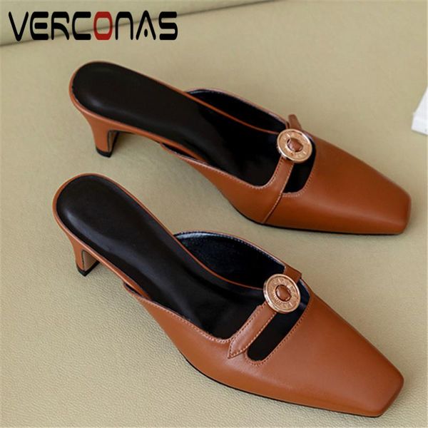 

verconas woman pumps 2020 woman sandals new arrival summer genuine leather metal decoration square toe square heels shoes, Black