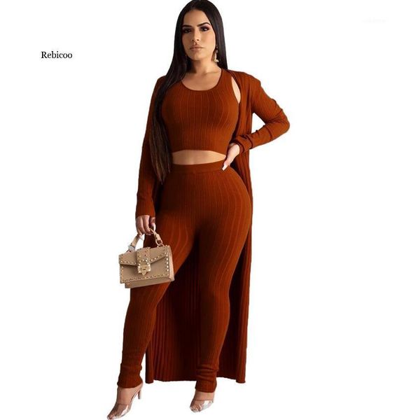 

solid color knit lady outfit crop tank and pencil pants + long loose robe 3 piece set casual women's suit1, Gray