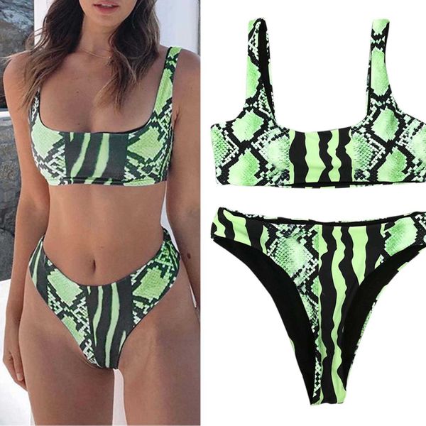 

women's pure color swimwear 2021 push-up bra bathing suit fashion snake print bikini comfortable split two piece swimsuit, White;black