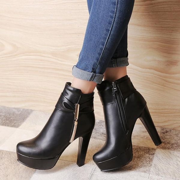 

oversized europeans and americans with round head, round heel and high heel side zipper waterproof platform boots, Black
