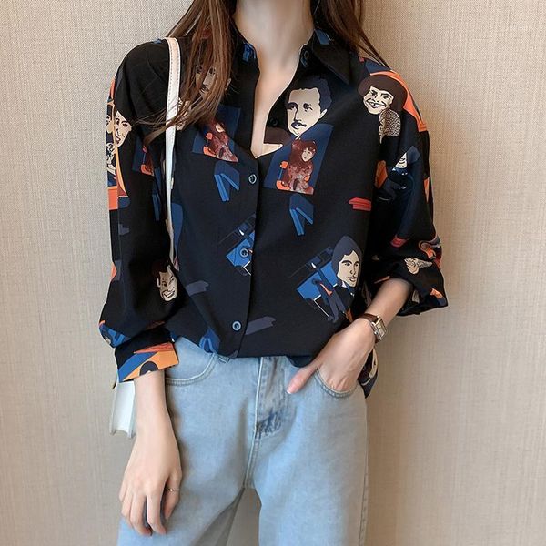 

new arrival women kawaii long sleeve lapel woman blouse avatar printing button design1, White