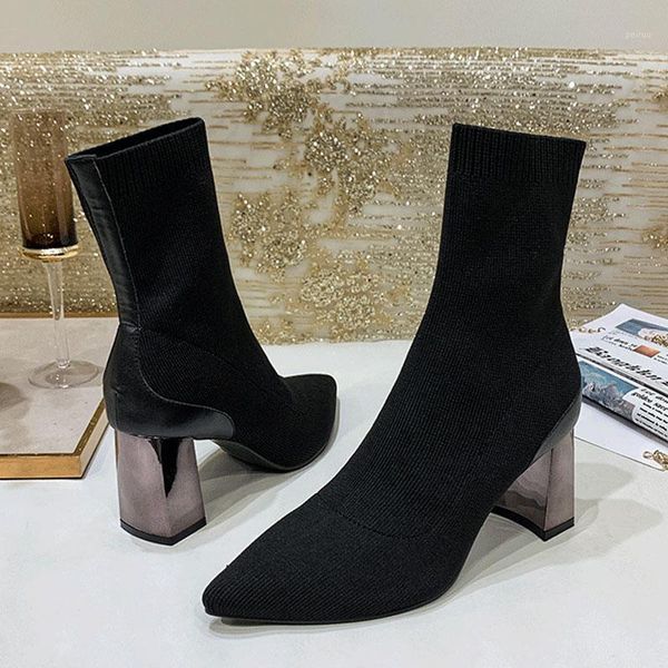 

boots nikali winter pointed square heel fashion wild knit elastic woman1, Black