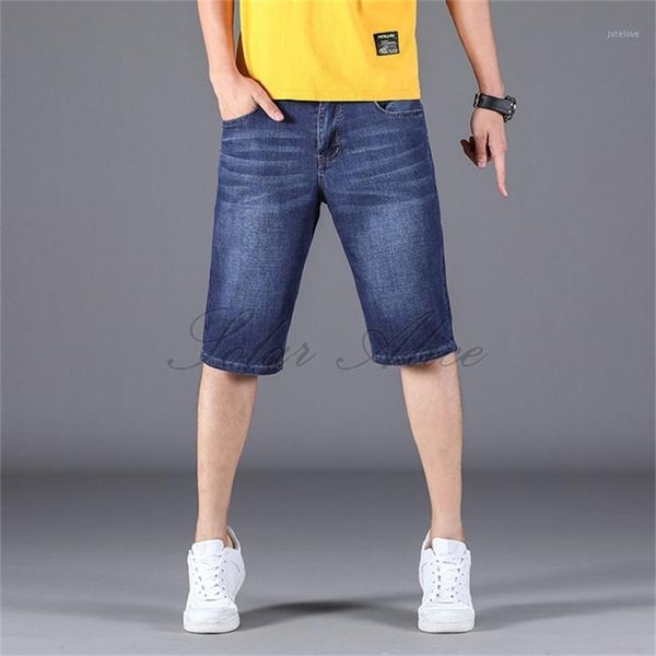 

2020 men's summer new straight knee length denim shorts high waist elastic slim youth casual shorts dark blue1, Blue