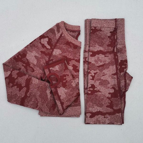 

new camo seamless yoga set women fitness clothing sportswear long sleeve crop +high waist gym leggings 2pcs sports suits, White;red