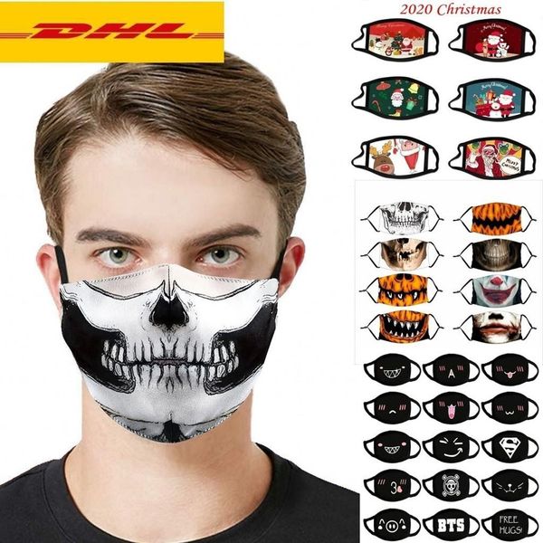

DHL Ship Christmas Halloween Cloth Face Mask PM2.5 Filter Cotton USA Woman Men Kids Fashion Winter Washable Party Lumious Mask