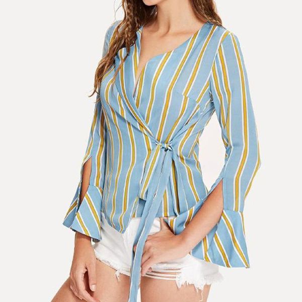 

2020 striped floral print shirt women blouses autumn long sleeve deep v neck shirts elegant office lady blouse with belt#41, White