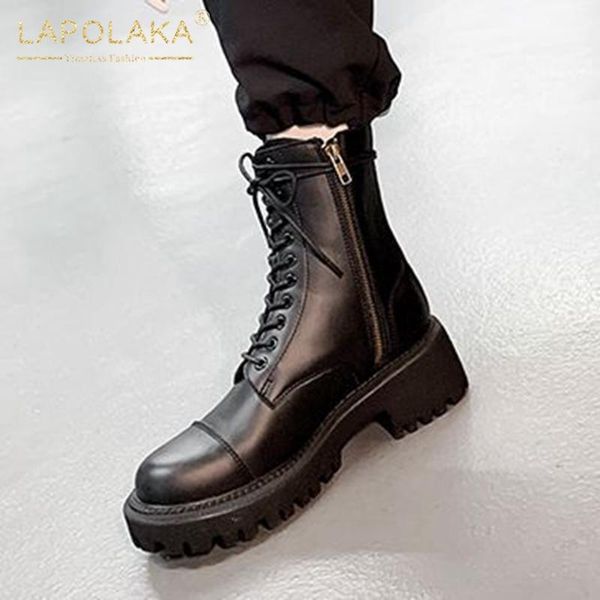 

lapolaka 2020 new arrivals ins trendy cool motorcycle boots women shoes skidproof comfy zipper leather luxury booties ladies, Black