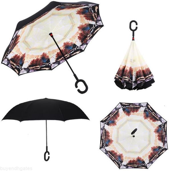 

52colors windproof reverse folding double layer inverted chuva umbrella self stand inside out rain protection c-hook hands for car