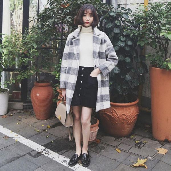 

women's jacket 2020 autumn winter new plaid woolen coat female long section korean version loose thick wool coat outerwear 1101, Black