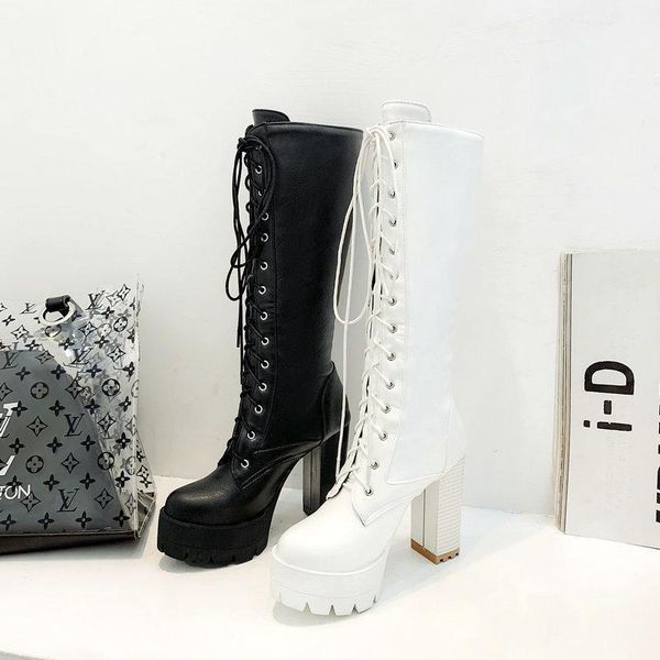 

fashion platform lacing knee high boots women square high heel motorcycle boots woman pu leather shoes autumn winter ladies shoe1, Black