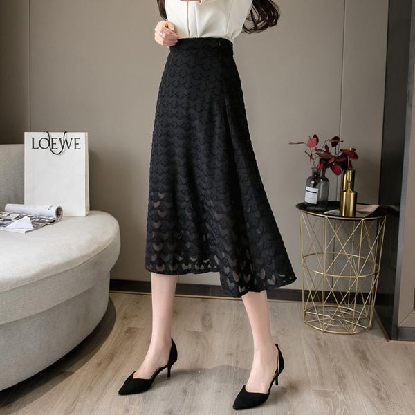 

lukaxsikax 2021 new arrival spring autumn women skirt fashion jacquard high waist slim chiffon long skirt, Black
