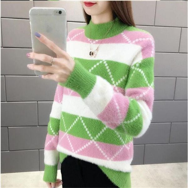 

sweater for women autumn winter block color long sleeve half high collar christmas sweaters plus size pink blue yellow green, White;black