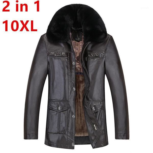 

plus 10xl 8xl 6xl autumn winter men leather jacket faux fur collar plus velvet thick warm leather jacket men social mens jackets1, Black