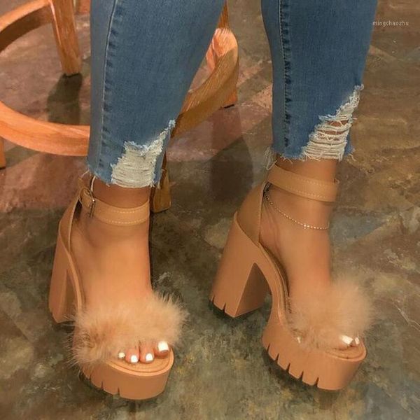 

sandals selling waterproof platform plush coarse heel women's summer one line buckle thick high heeled sandals1, Black