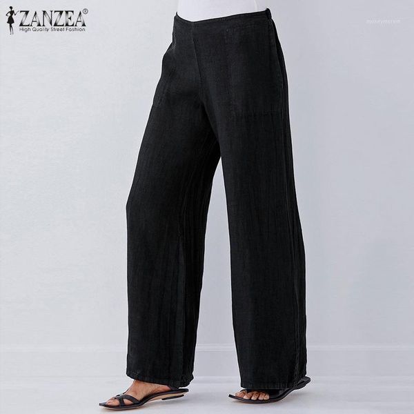 

women's pants & capris zanzea women's 2021 fashion wide leg trousers ladies casual loose pockets bottoms elastic waist pantalones, Black;white