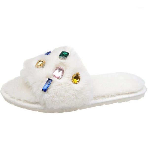 

women's fluffy fur soft slippers warm house shoes plush fleece anti-skid indoor outdoor slip on crystal fuzzy slides1, Black