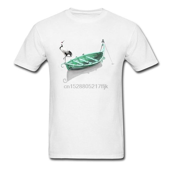 

2019 t shirt crane standing on the green boat 2019 3d cartoon design men white t-shirt cotton crewneck sport hooded sweatshirt hoodie
