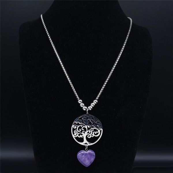 

2020 natural purple crystal stainless steel heart tree of life long necklace for women jewelry arbol de la vida n35s04, Silver