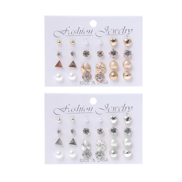 

12 pairs crystal punk geometric peach heart piercing stud earrings set for women, Golden;silver