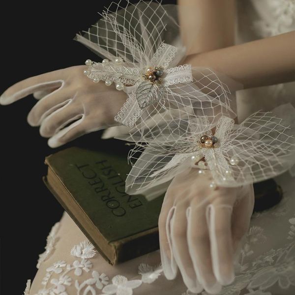 

elegant women's lace bow bride gloves ladies short girls gauze gloves party cosplay accessories transparent fishnet gloves h sqcbkl, White
